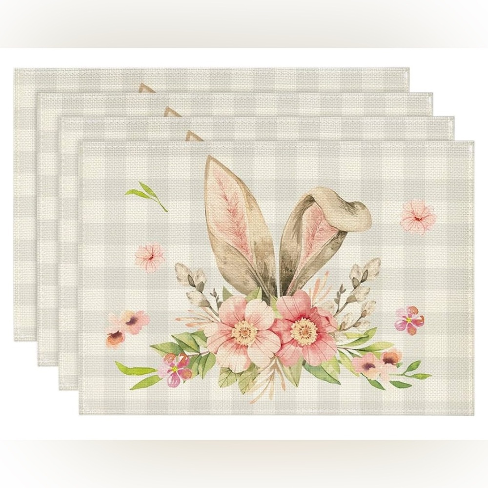 Buffalo Plaid Bunny Rabbit Ears Flower Easter Placemats for Dining